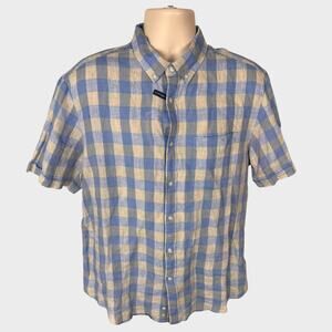 Saint James 100% Linen Reg Fit Blue Beige Short Sleeve Plaid Mens Shirt Size XL